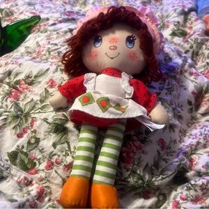 Adorable Strawberry Shortcake Rag Doll with Red Dress and Striped Leggings